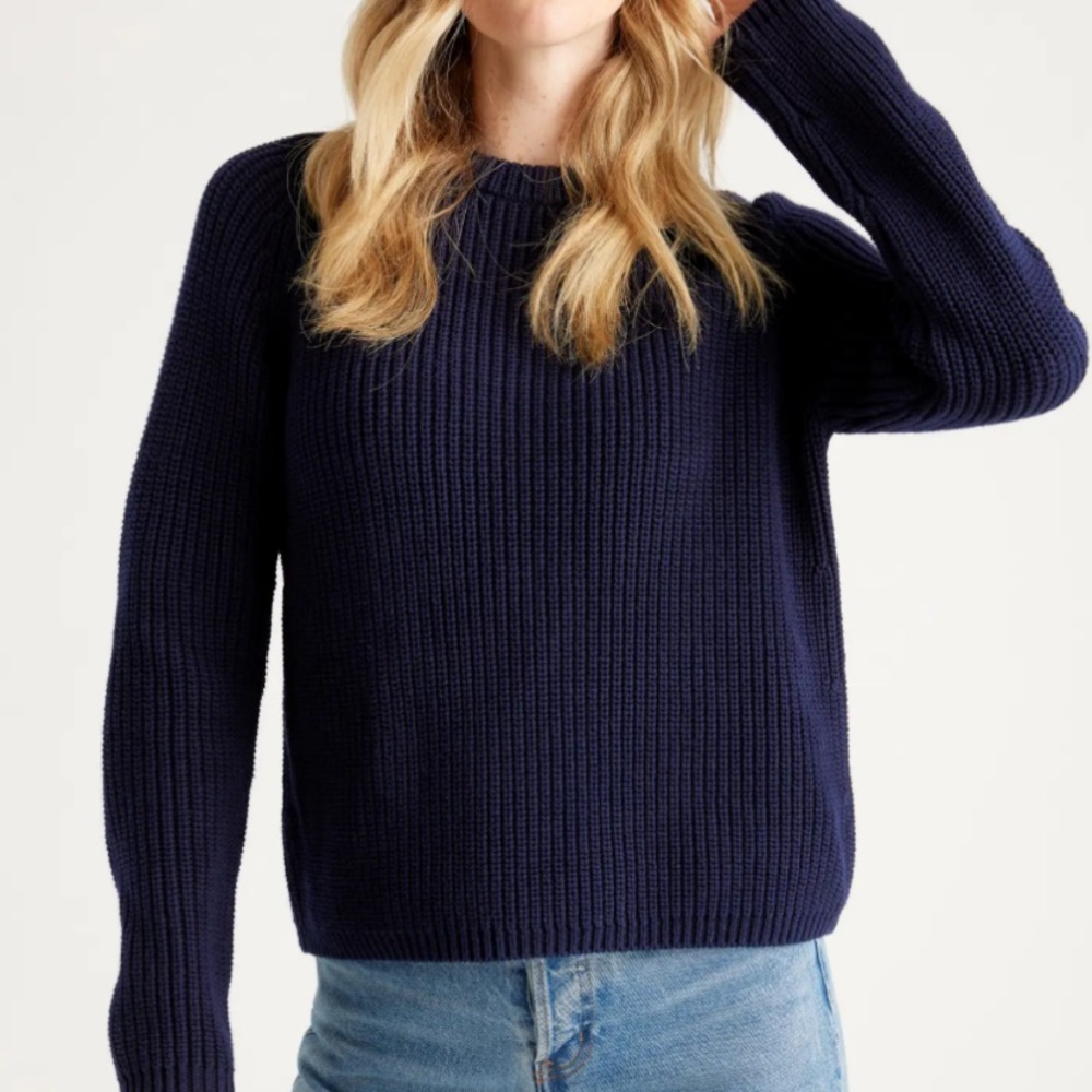 Quince cotton fisherman sweater, navy, size small